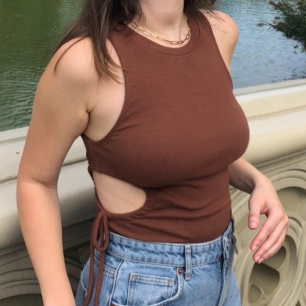 Brown Zara ribbed cutout tanktop with side drawstrings